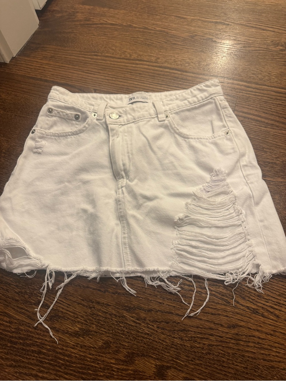 Zara White Distressed Denim Mini Skirt
